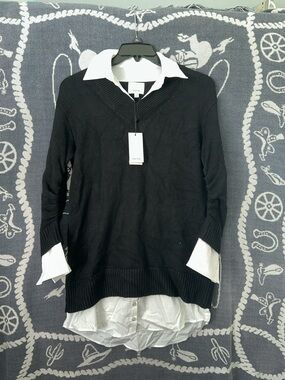 cinq a sept Black V-Neck Sweater with White Shirt Detail